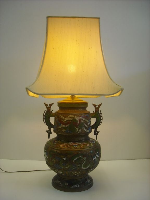 Bronze Cloisonne Lamp From Radio City Music Hall NYC A piece from the original design by Donald Deskey. Purchased in the late 50's at auction from Radio City Music Hall. This Urn / Lamp was in one of the eight lounges -smoking rooms of Radio City