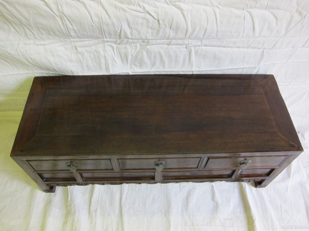 19th century Elm wood Low Coffer three drawers, Key feet, carved lower apron.