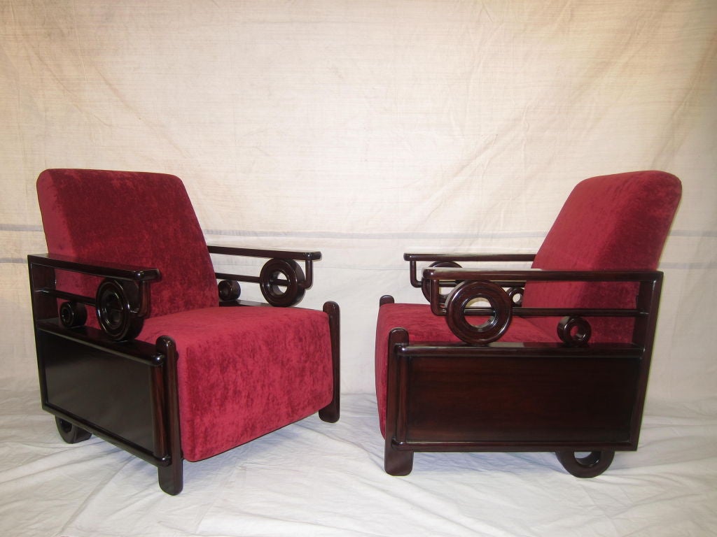 Shanghai Art Deco Rosewood Club chairs, with new Belgian Red Valor Fabric.