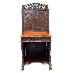 Carved Rosewood 19th Century English Chinoiserie Secretary