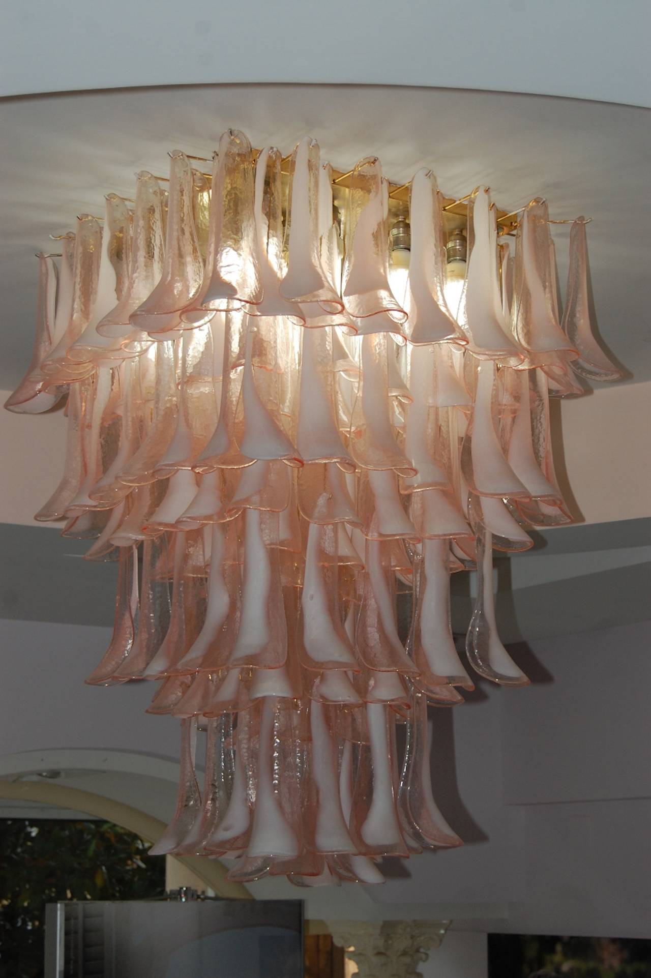 Fabulous pair of large chandeliers of Murano pink leaves
