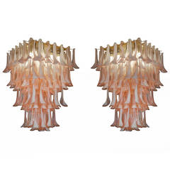 Fabulous pair of large chandeliers of Murano pink leaves