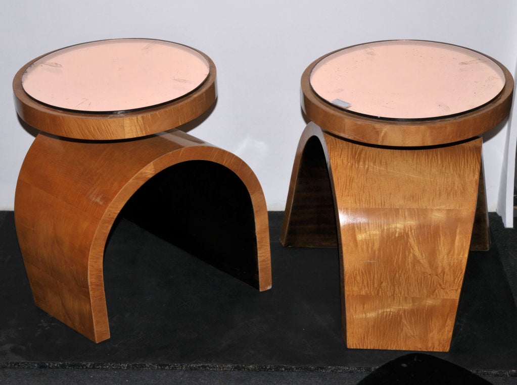 Pair of end tables, blond wood and pink mirror