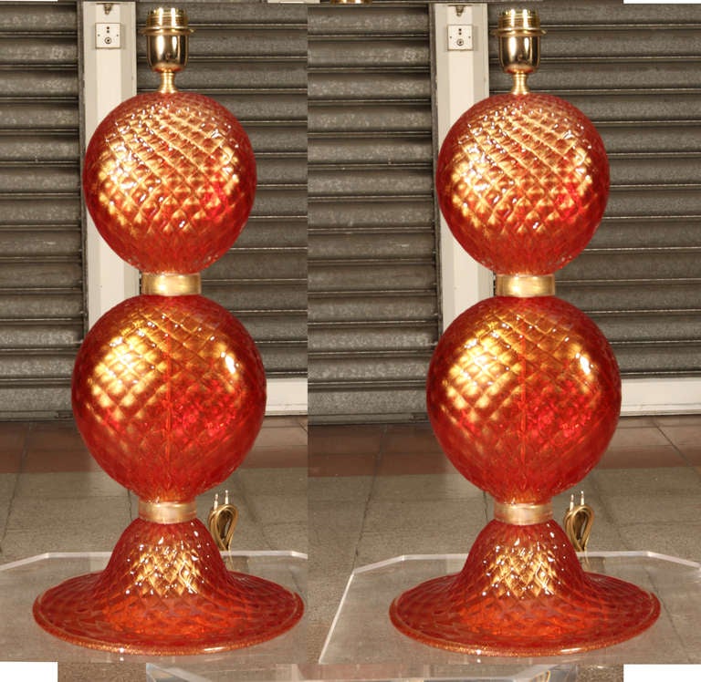 Italian Pair of table lamps in Murano glass.