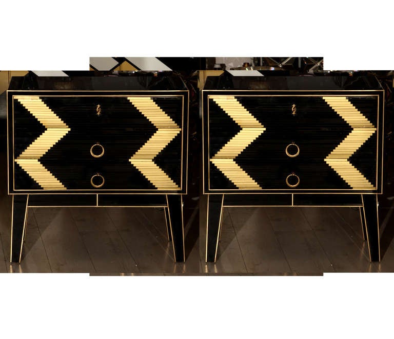 Pair Of Commodes All In Mirror With Three Drawers.