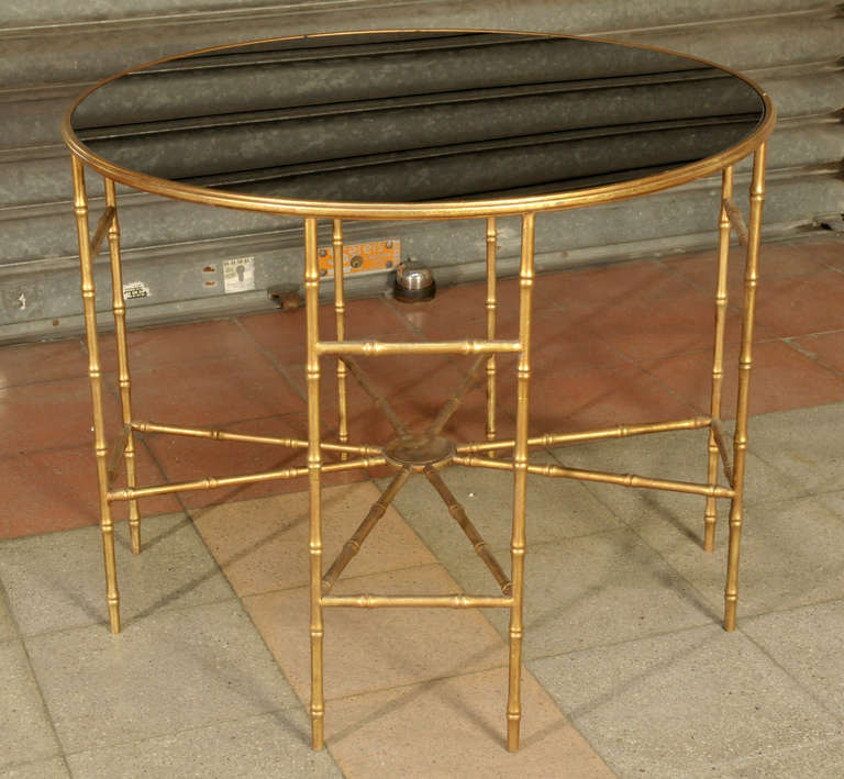Unknown Pedestal Table in Bamboo Metal with Black Glass Top