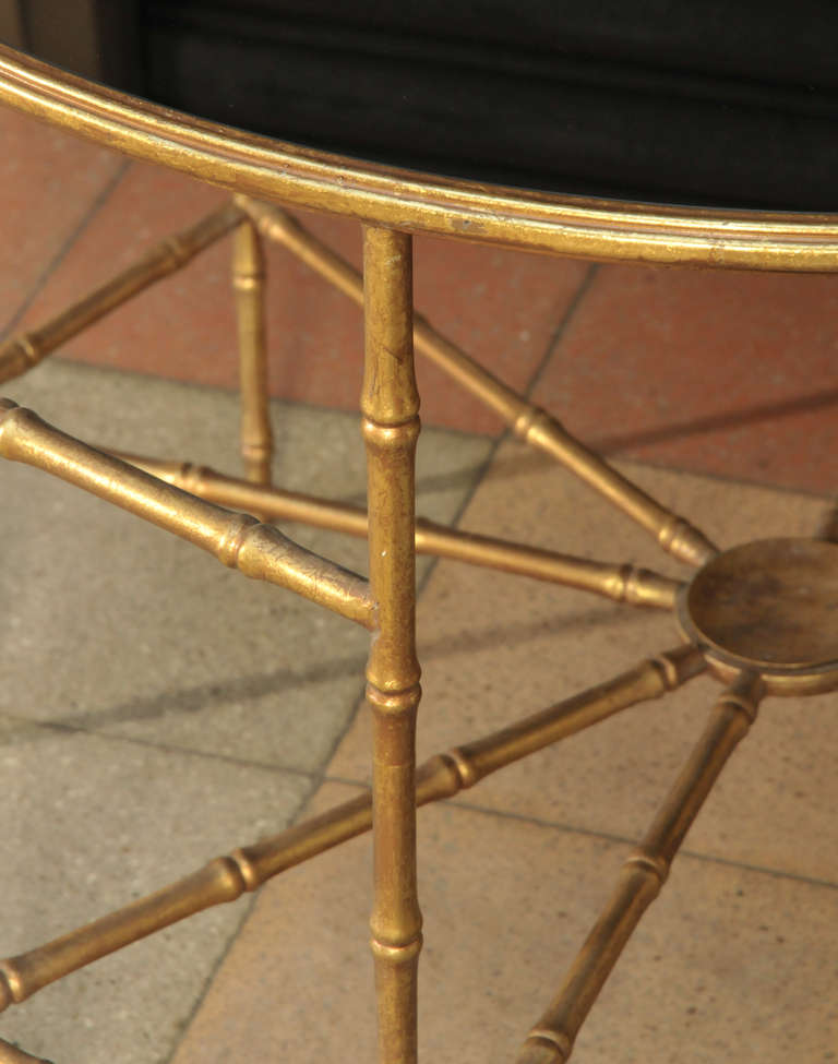 Contemporary Pedestal Table in Bamboo Metal with Black Glass Top