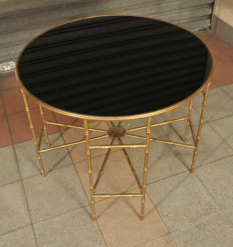 Pedestal Table in Bamboo Metal with Black Glass Top 1