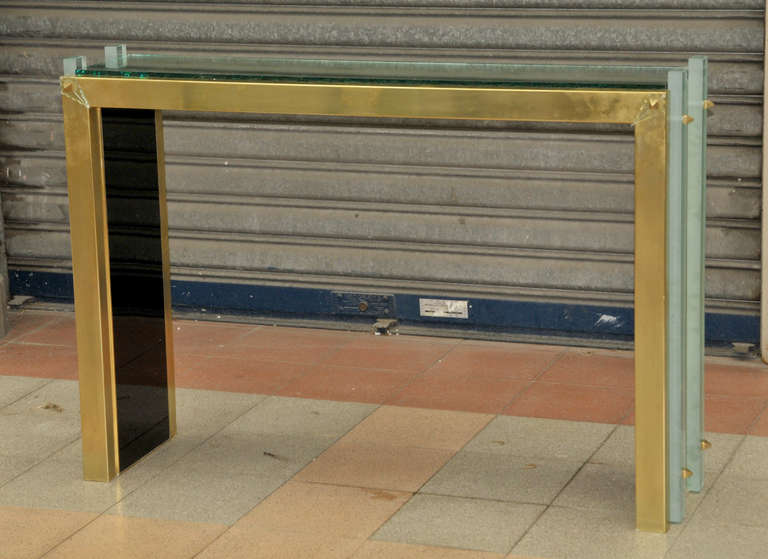 Late 20th Century Console Table with Mirror, Glass, and Brass