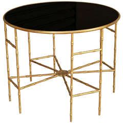 Pedestal Table in Bamboo Metal with Black Glass Top