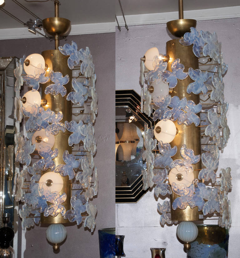 Pair of chandeliers with butterflies in opaline.