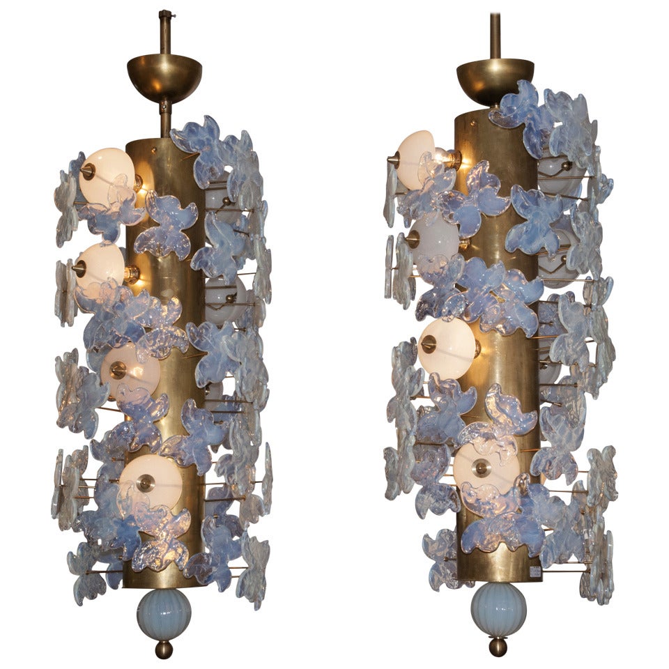 Pair of Chandeliers with Butterflies in Opaline