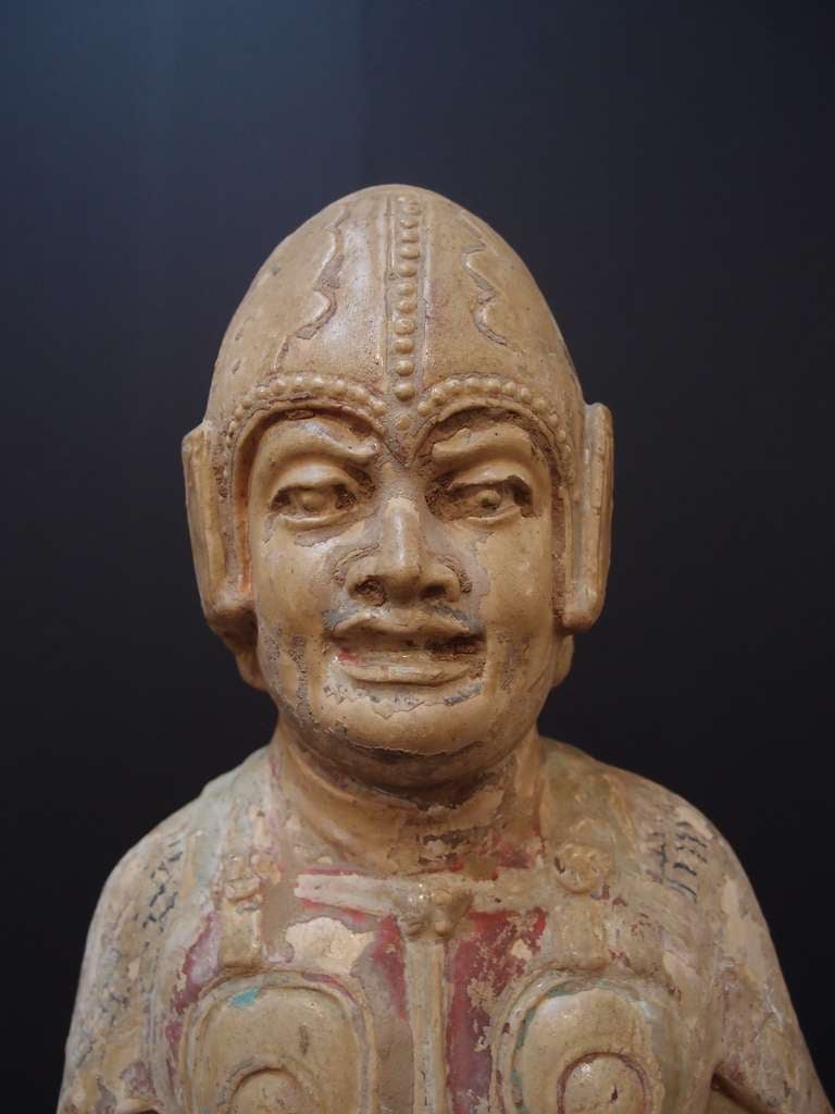 18th Century and Earlier Chinese Sui Dynasty Painted and Glazed Pottery Model of a Warrior For Sale