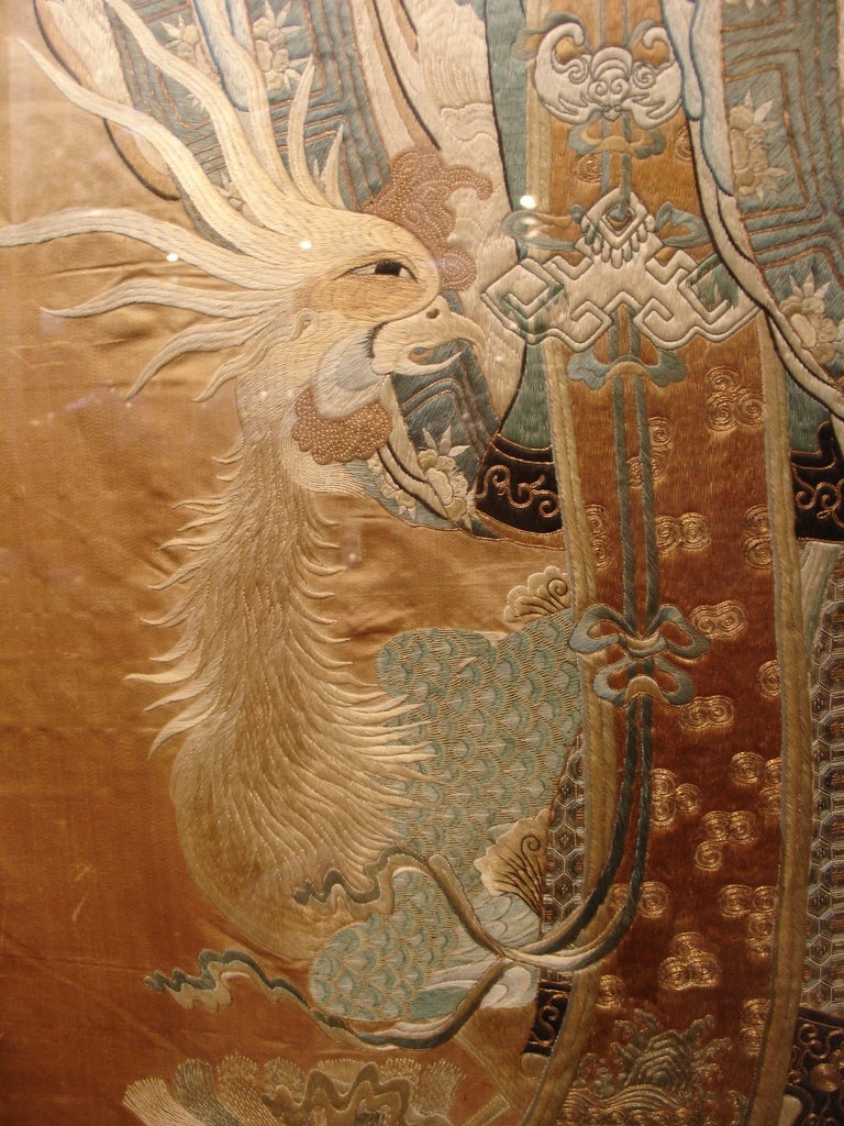 Glazed A Large Framed Chinese Silk Embroidery of the Female Immortal He