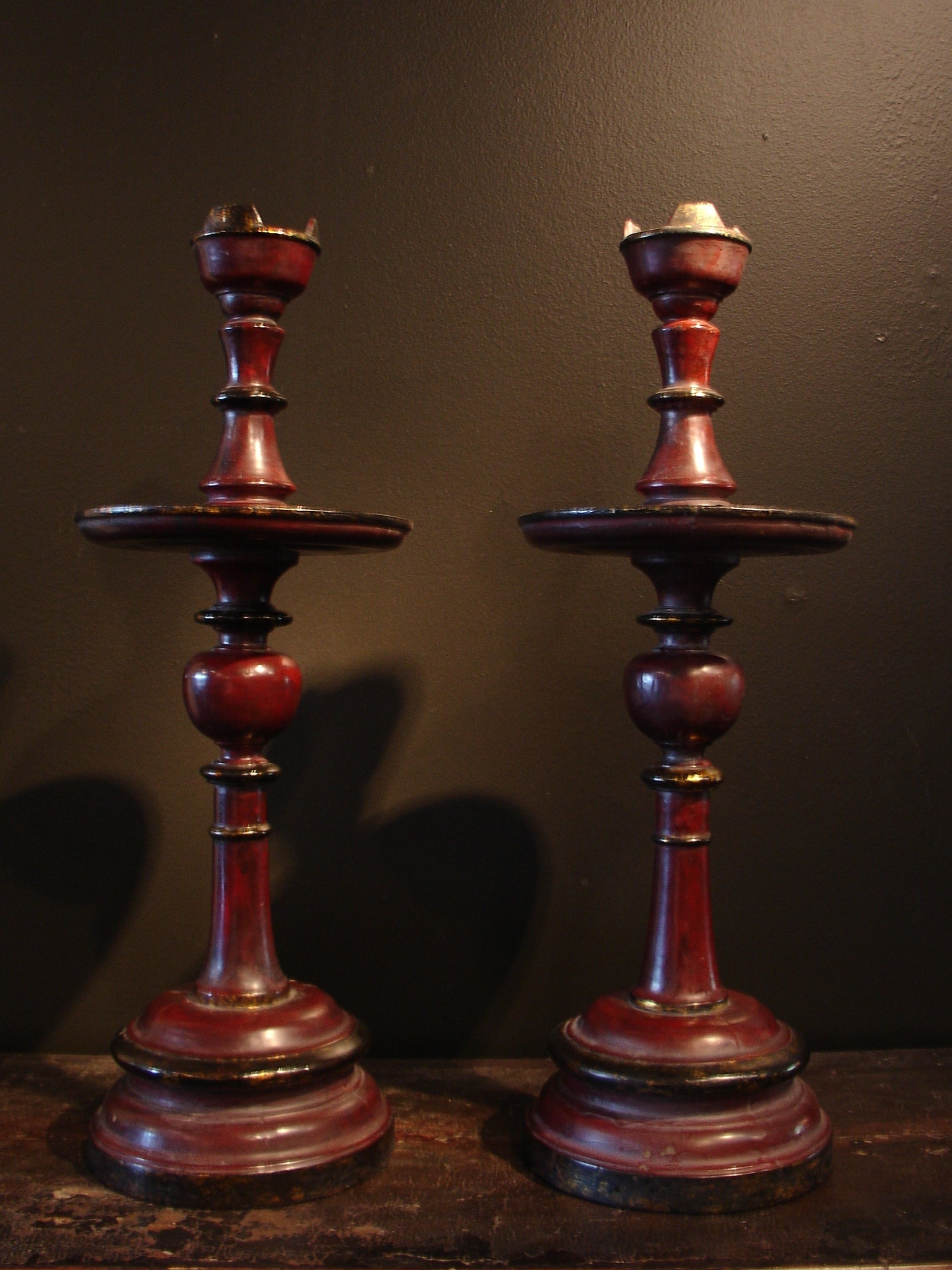 A Pair of French Colonial Indochinese Lacquered Candlesticks