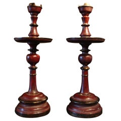 A Pair of French Colonial Indochinese Lacquered Candlesticks