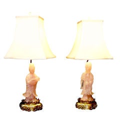 A Pair of Chinese Rose Quartz Figural Lamps