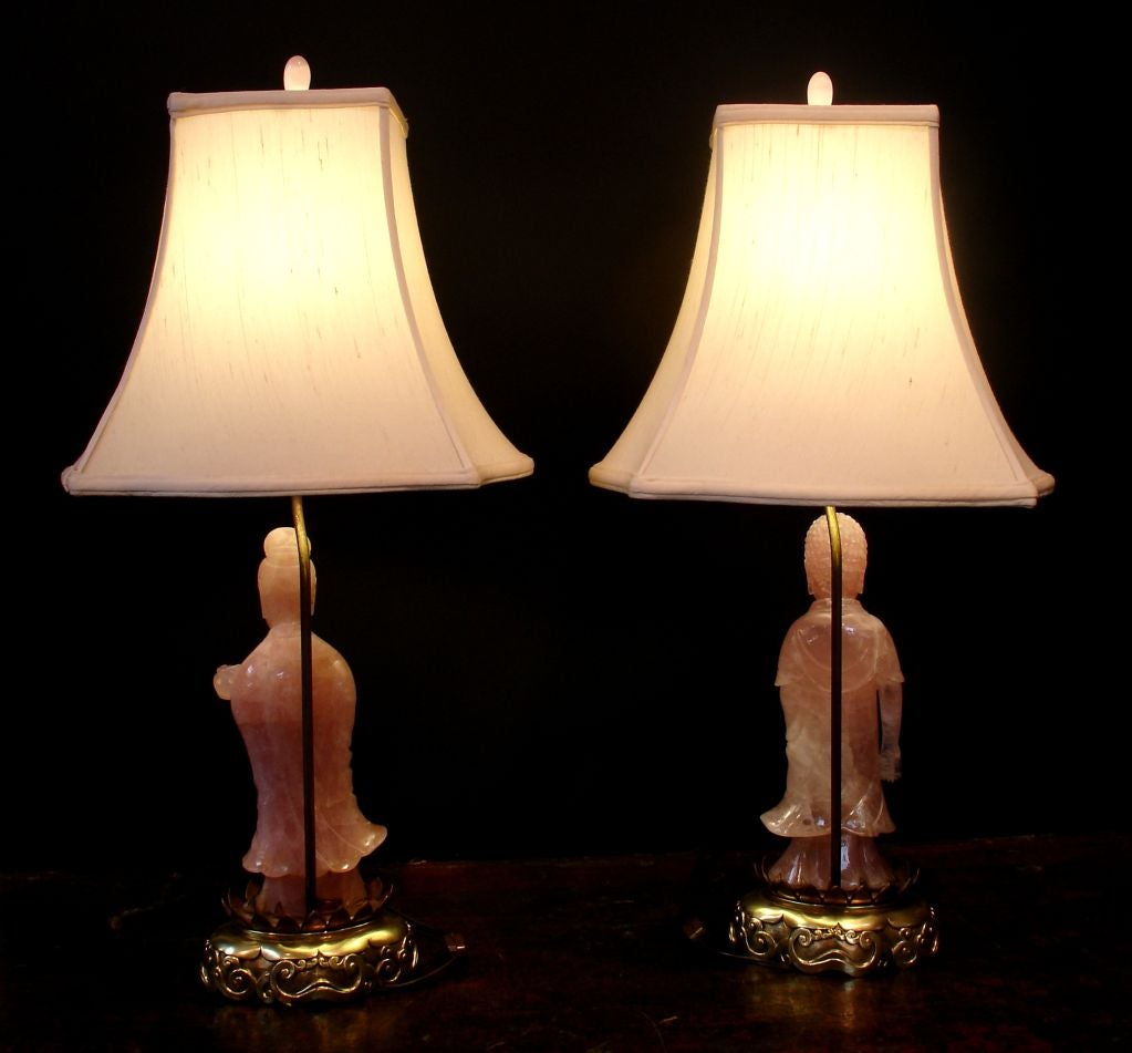 19th Century A Pair of Chinese Rose Quartz Figural Lamps