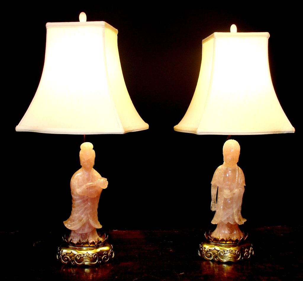 A Pair of Chinese Rose Quartz Figural Lamps 1