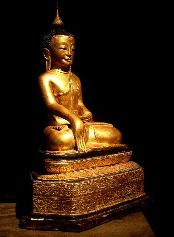 A figure of the historical Buddha, Shakyamuni, done in dry lacquer and richly gilt.
Finely and realistically molded, his faces exudes an intense sweetness and serenity. A slight, enigmatic smile plays across his lips. Long, pendulous earlobes reach
