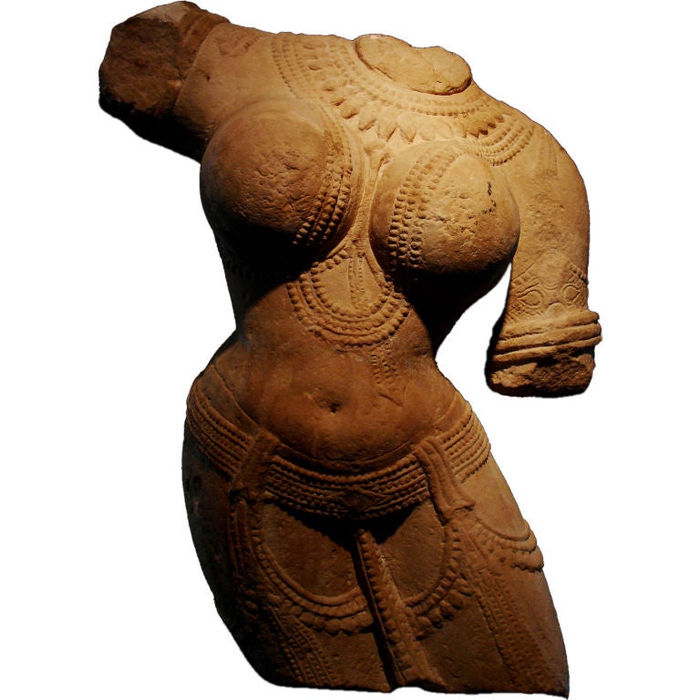 Indian Carved Pink Sandstone Torso of a Female Deity, Madhya Pradesh