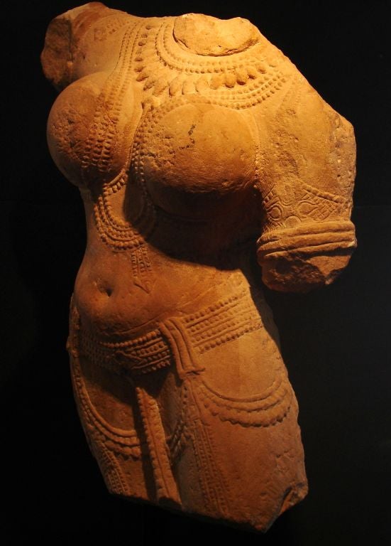 Medieval Indian Carved Pink Sandstone Torso of a Female Deity, Madhya Pradesh
