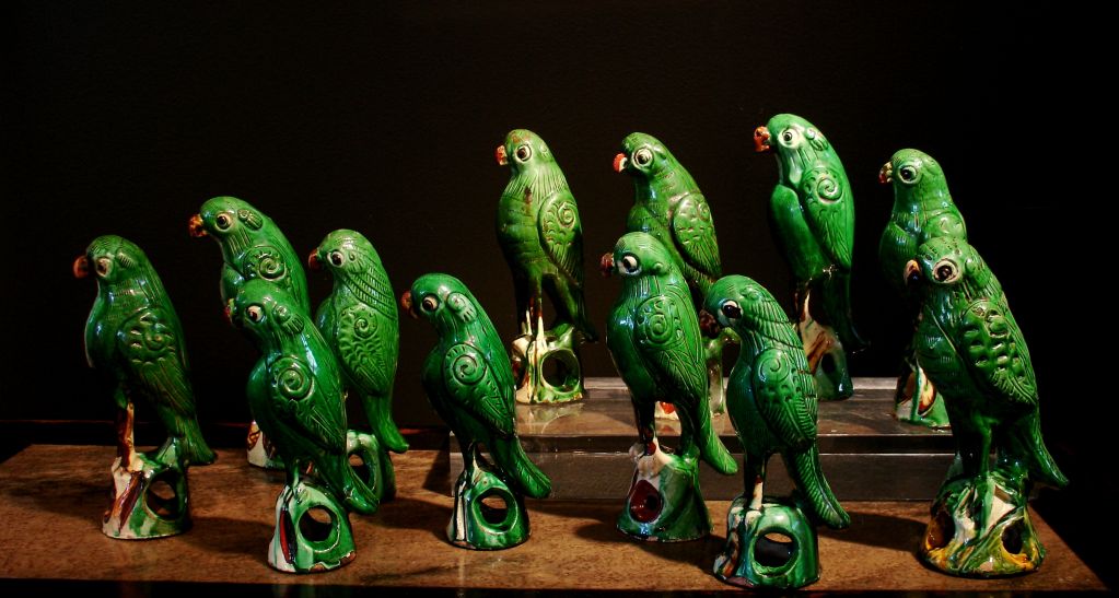 19th Century An Assembled Flock of Chinese Export Green Glazed Parrots