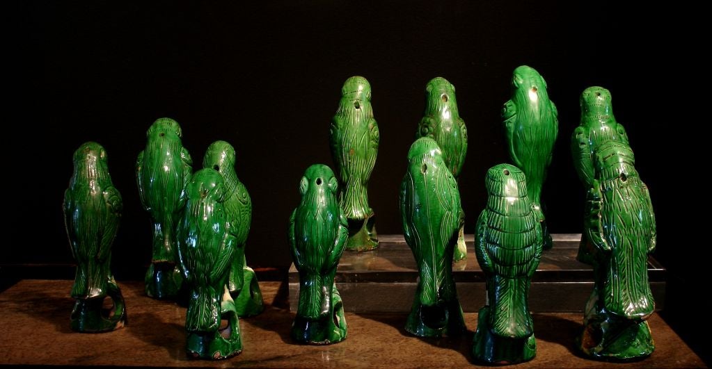 Pottery An Assembled Flock of Chinese Export Green Glazed Parrots