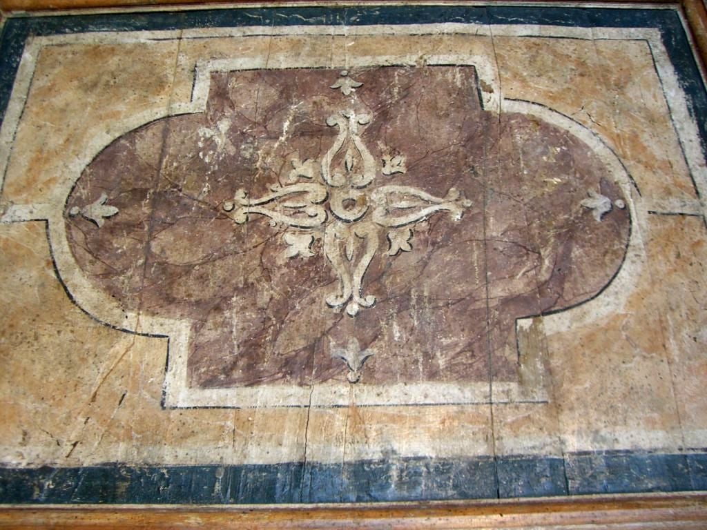 A 17th century baroque panel from the coffered ceiling of an Italian palazzo now converted into a table. <br />
<br />
The base and legs hand crafted by Baker circa 1980.