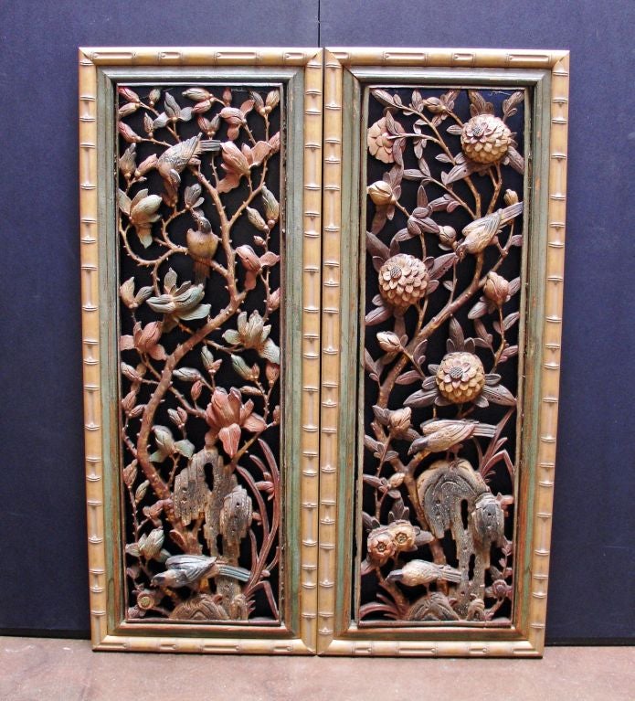19th Century A Pair of Chinese Carved and Pierced Polychromed Panels