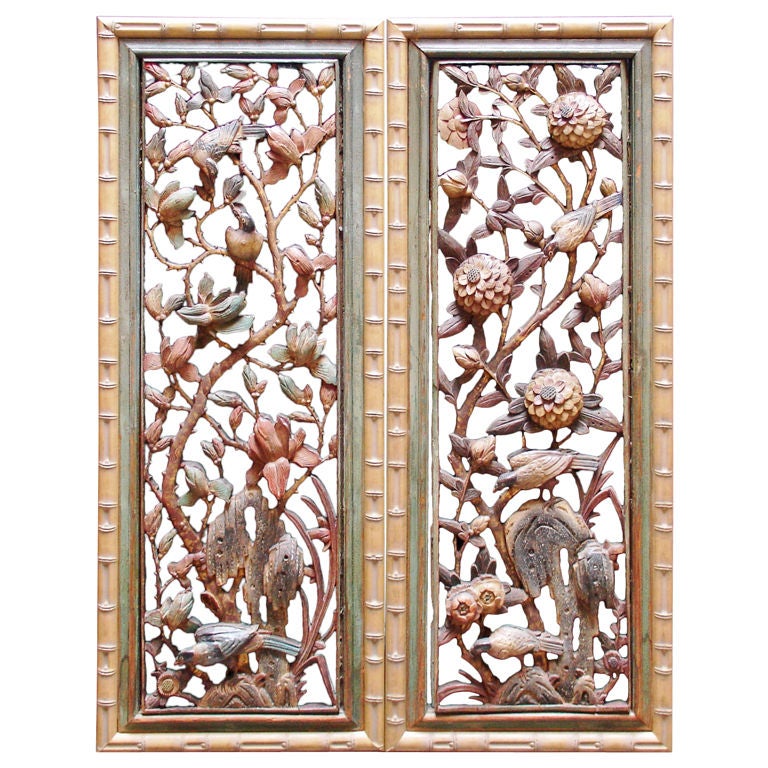 A Pair of Chinese Carved and Pierced Polychromed Panels