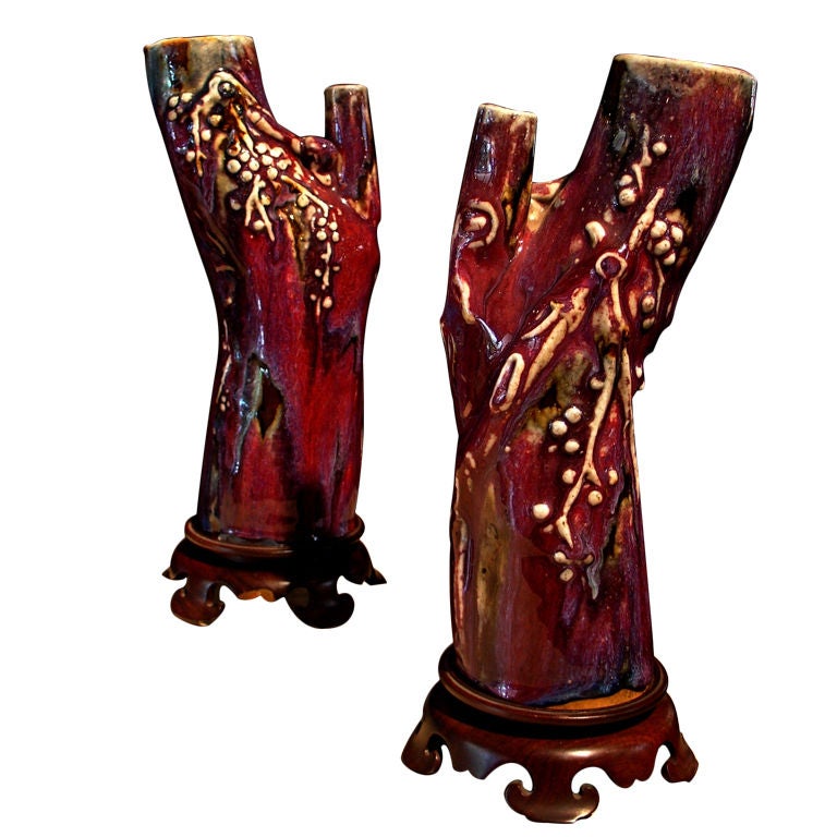 Pair of Chinese 18th Century Flambe Glazed Trunk Form Vases For Sale