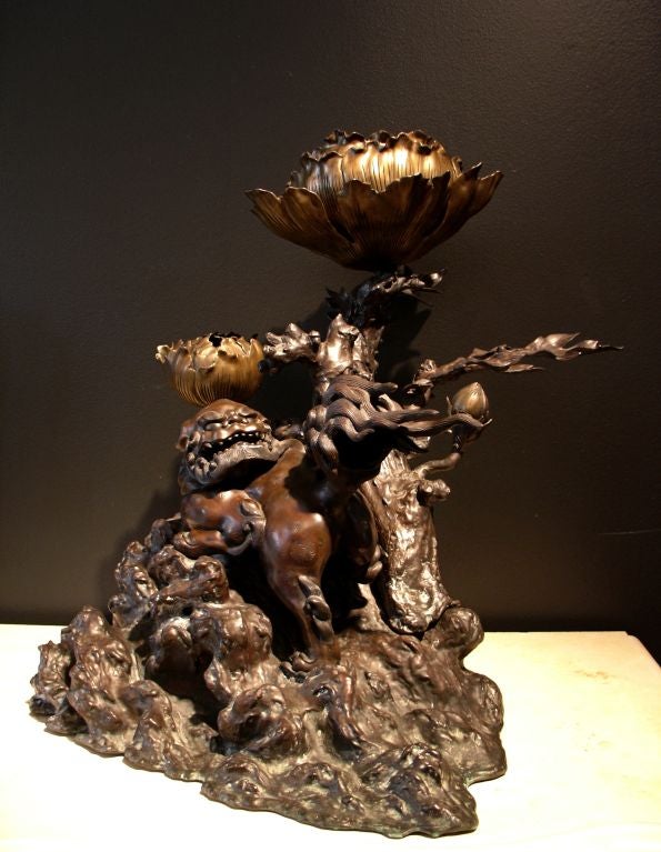 19th Century A Japanese Bronze Shishi Lion FormTemple Candle Holder