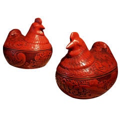 A Pair of Chinese Cinnabar Lacquer Hen Form Boxes