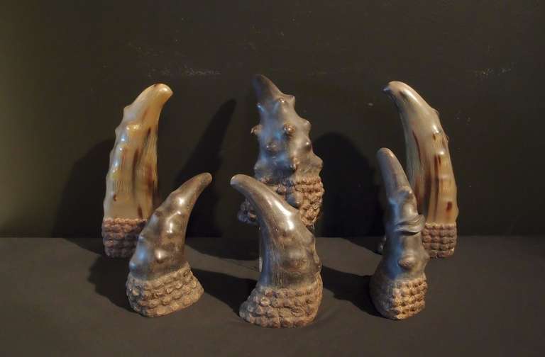 Comprised of a pair of larger polished horns, and an assortment of smaller ones, some with pronounced knobs and bulges, evocative of Chinese scholar rocks.

Height of the largest horn: 11.75