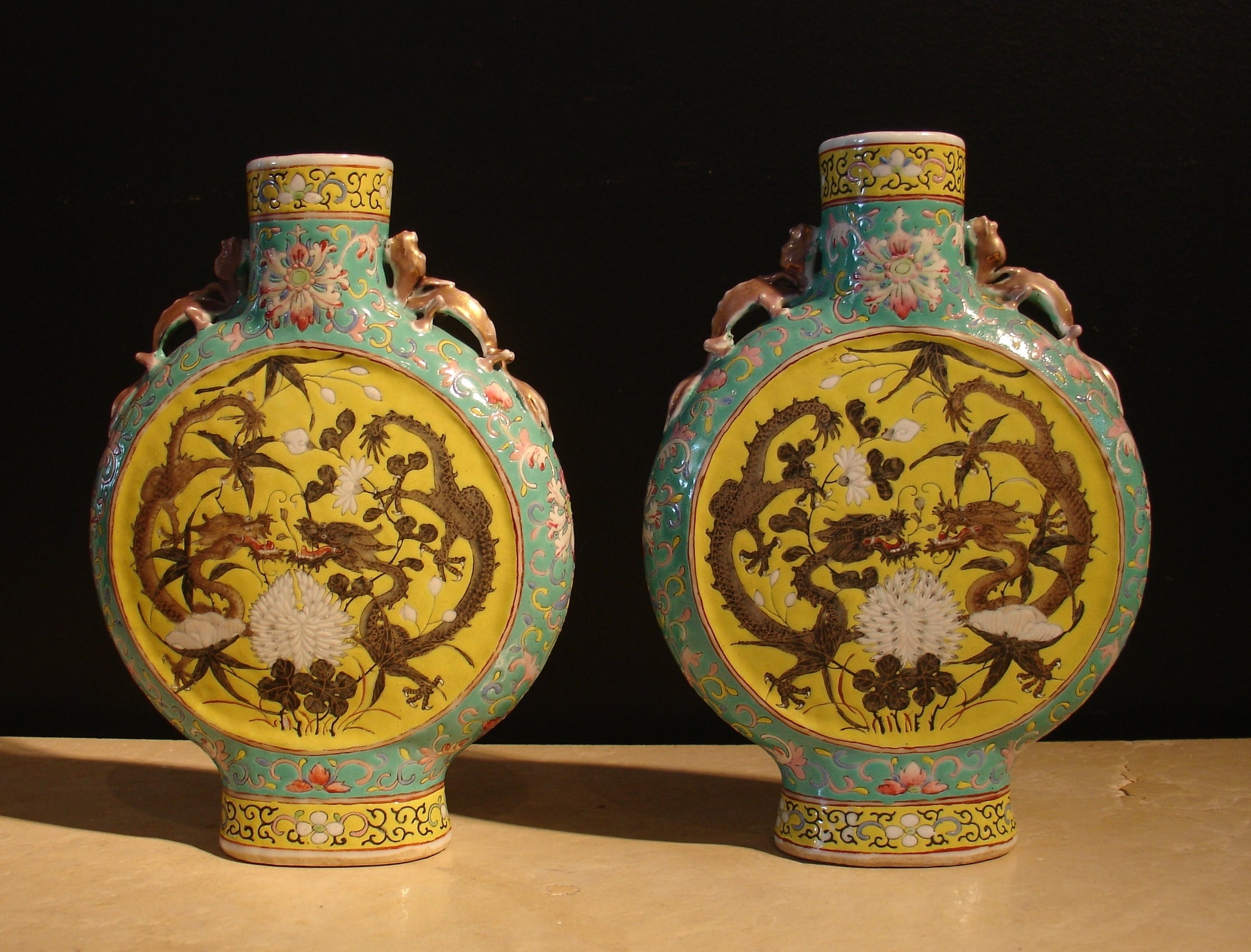 Pair of Chinese Famille Rose Porcelain Moon Flasks
