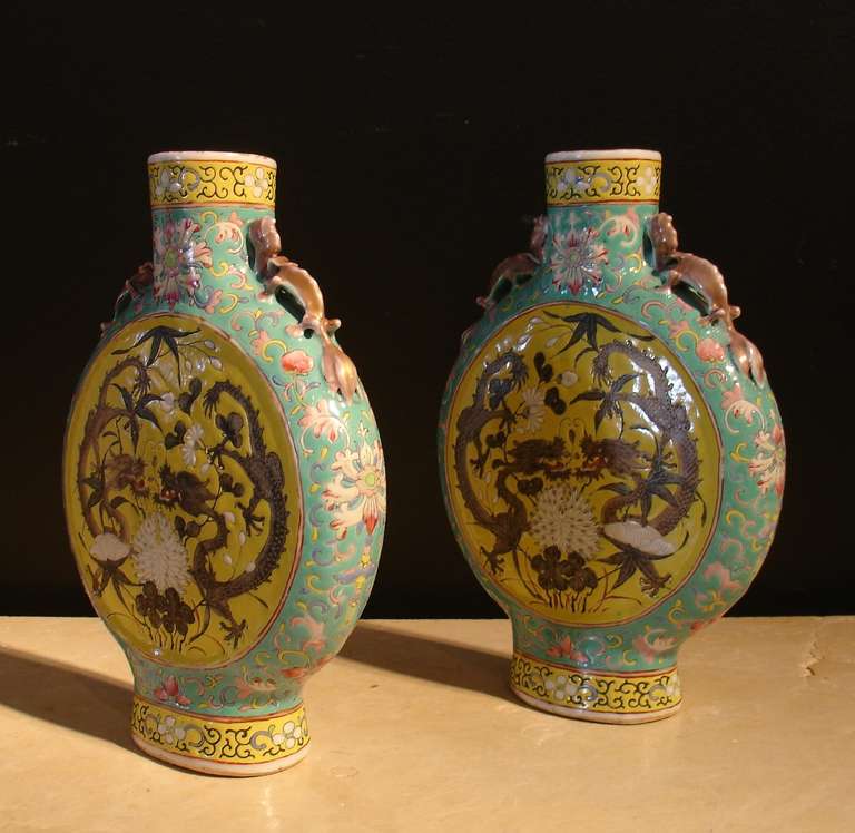 19th Century Pair of Chinese Famille Rose Porcelain Moon Flasks
