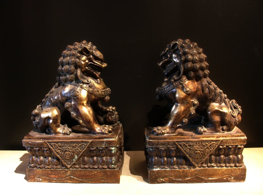 A well cast pair of bronze foo lions. <br />
<br />
Modeled after the imperial lions that guard the Forbidden City and the Summer Palace, this pair sits alert, mouths open, ears perked, and ready to repel evil. <br />
<br />
The male holds a