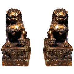 Antique A Pair of Gilt Bronze Foo Lions