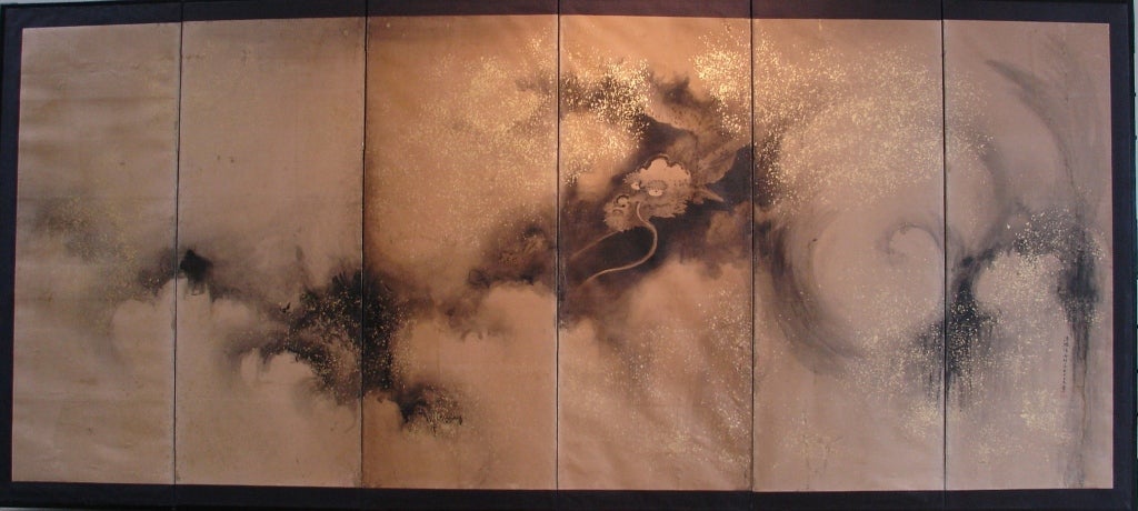 A fabulous Japanese 6 panel folding screen (byobu) by Ooka Shunboku (1680 - 1763) of the Kano School. 
Most likely from a temple hall, this powerful screen features a single dragon emerging from swirling clouds. Using black ink on paper, the