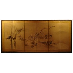 Antique A Japanese 6 Panel Tiger Screen