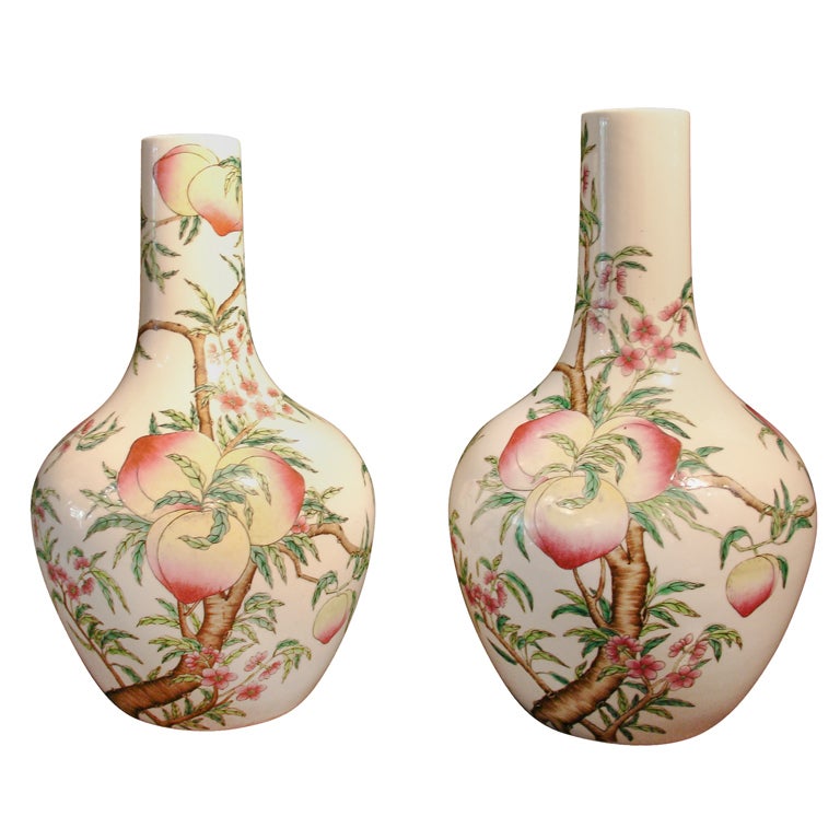 Pair of Famille Rose "Peaches" Bottle Vases 'Tianquiping' For Sale