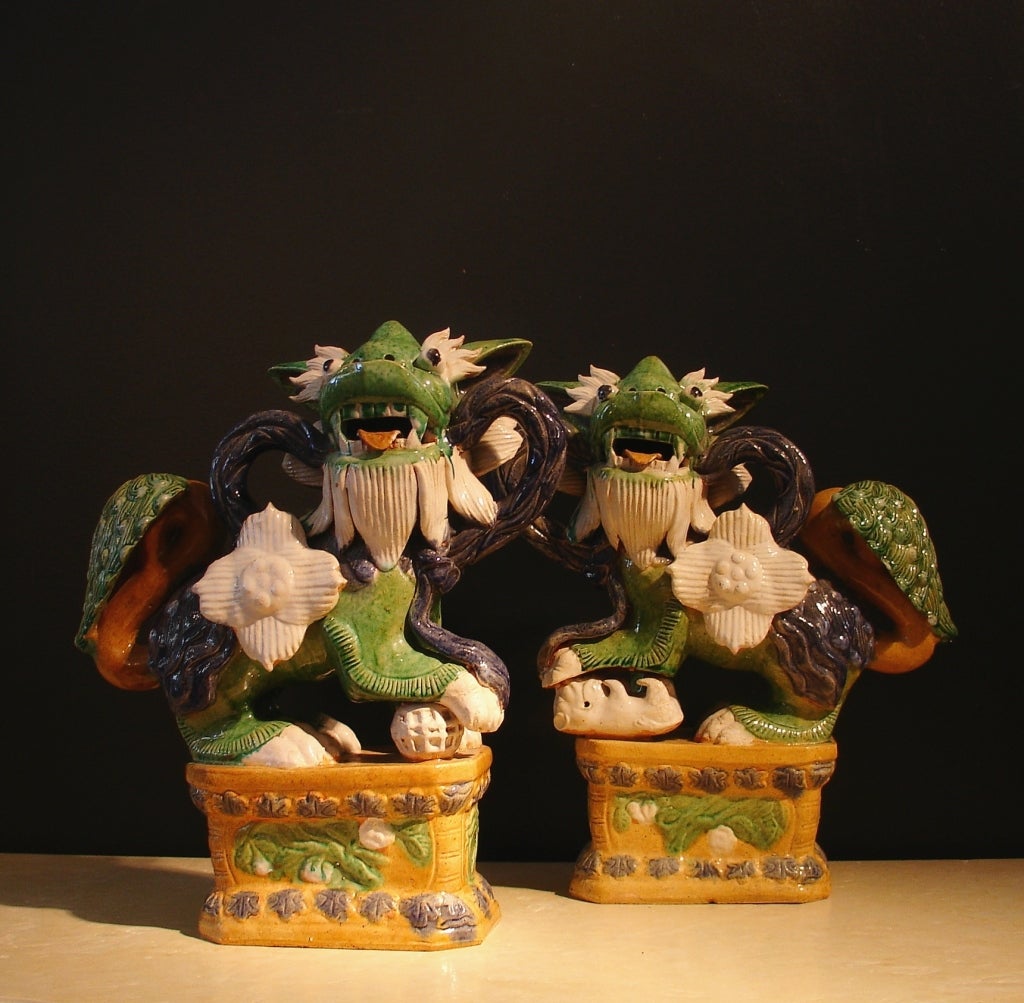 20th Century A Pair of Chinese Glazed Shiwan Pottery Foo Dogs