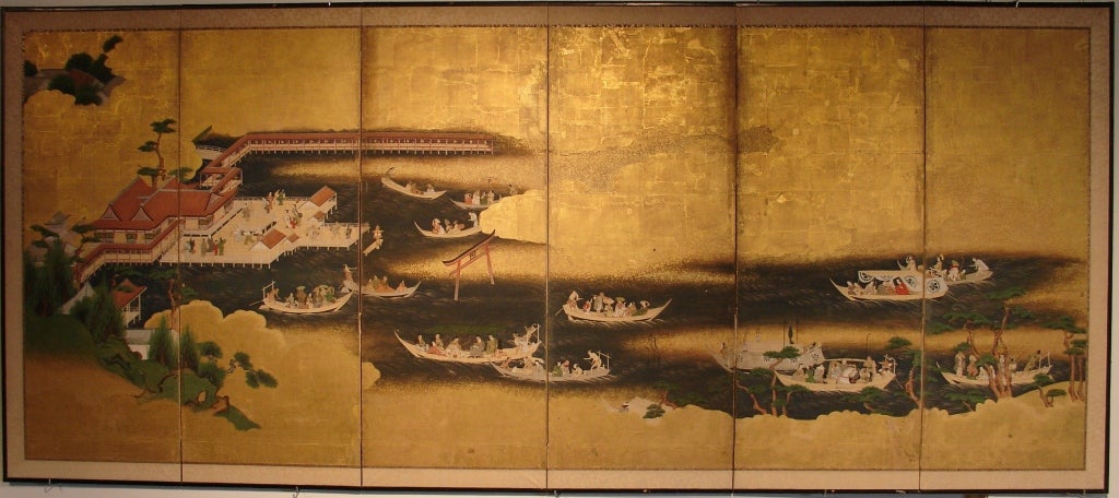 An early anonymous Tosa School painting of pilgrims making their way by boat at high tide to Itsukushima Shrine. The iconic 