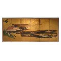 Antique A  Japanese 6 Panel Screen "Itsukushima Shrine"