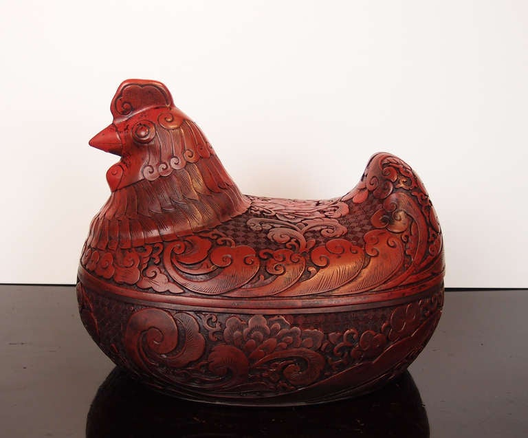 A Chinese Cinnabar Lacquer Hen Form Box In Excellent Condition In Austin, TX