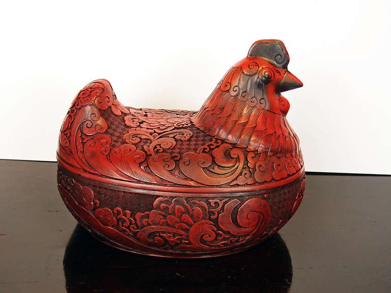 20th Century A Chinese Cinnabar Lacquer Hen Form Box