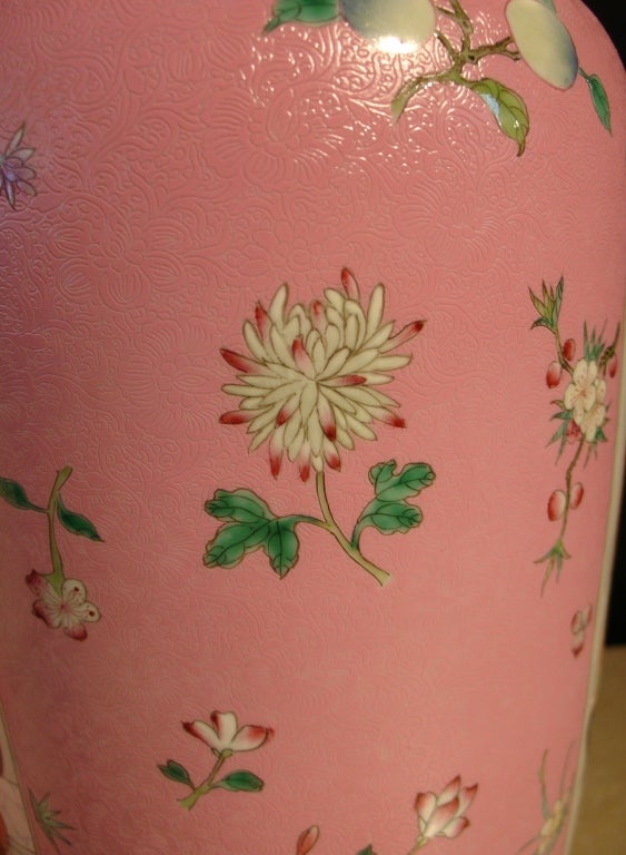 Pair of Chinese Famille Rose Sgraffito Rouleau Vases 1