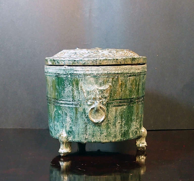 Chinese Han Dynasty Green Glazed Covered Storage Jar For Sale