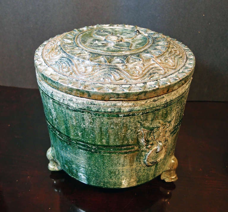 18th Century and Earlier Han Dynasty Green Glazed Covered Storage Jar For Sale
